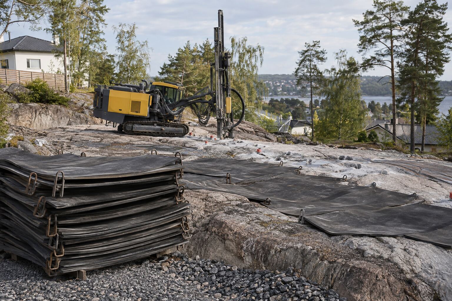 Borrigg på berghäll med utlagda sprängmattor inför bergarbete