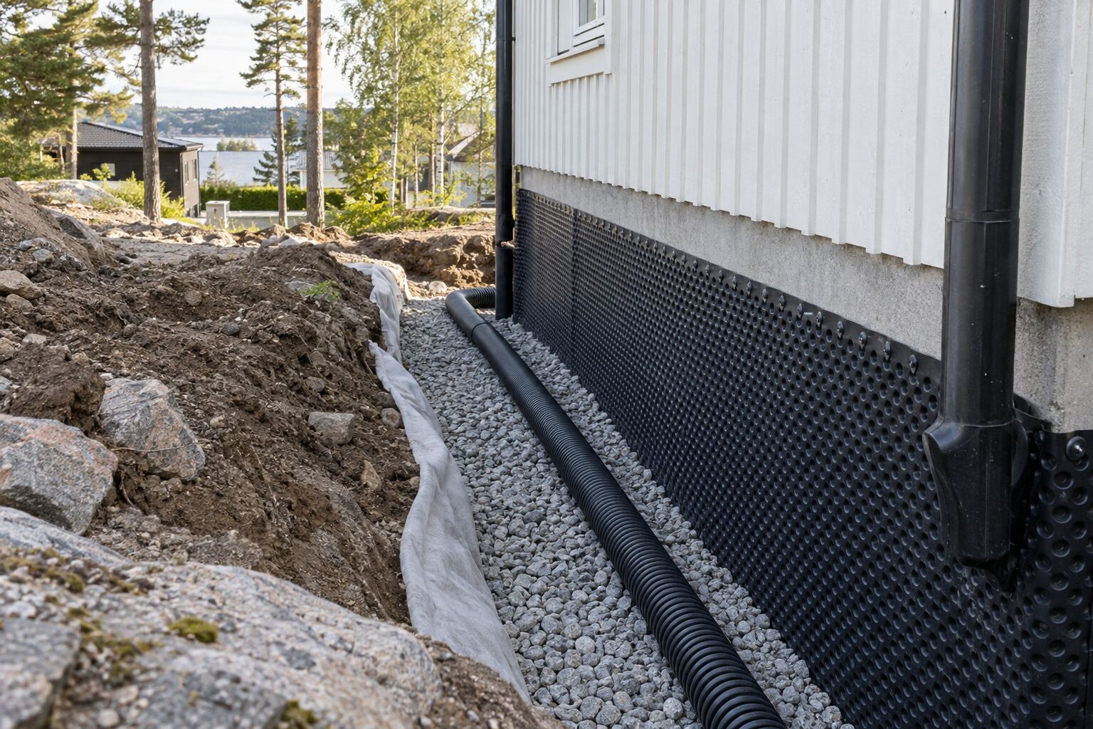 Dräneringsledning och dränerande grus längs husgrund med fuktskyddande matta