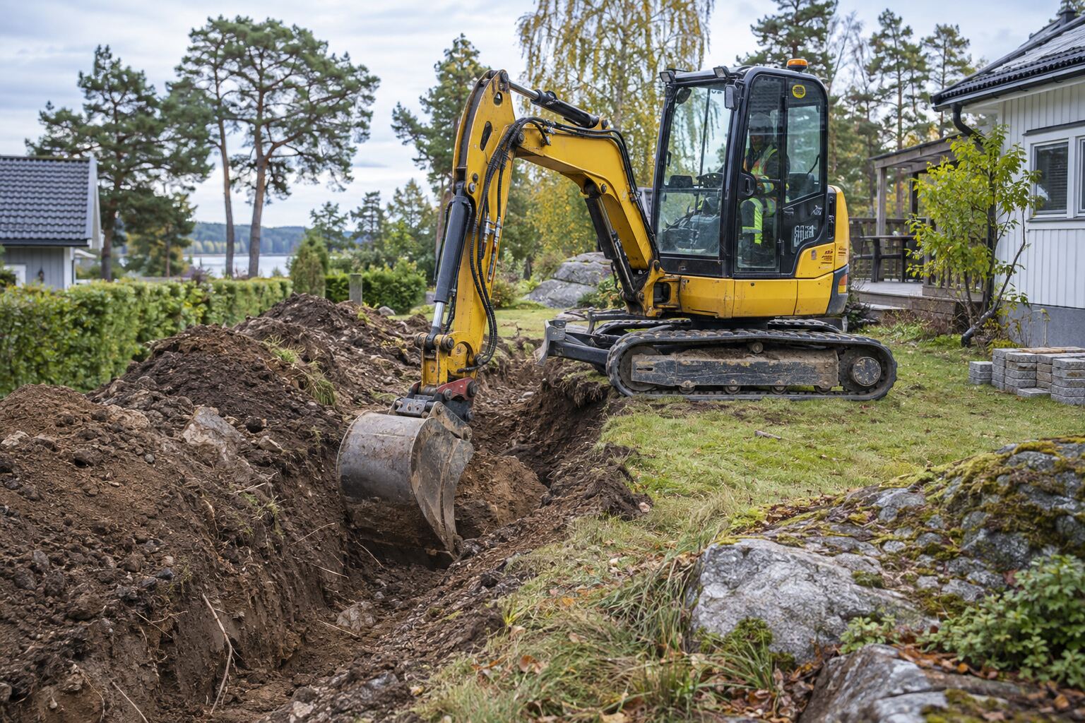 Grävmaskin som gräver dike på villatomt