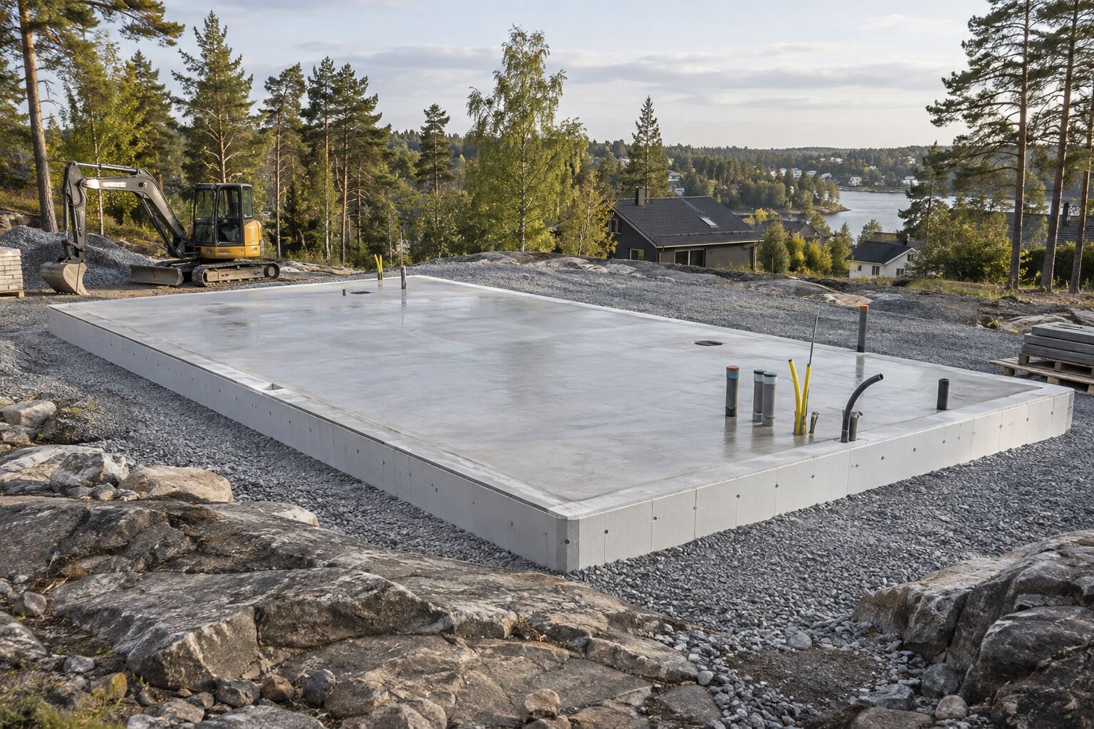 Färdig betongplatta för villa med grusad yta runtom