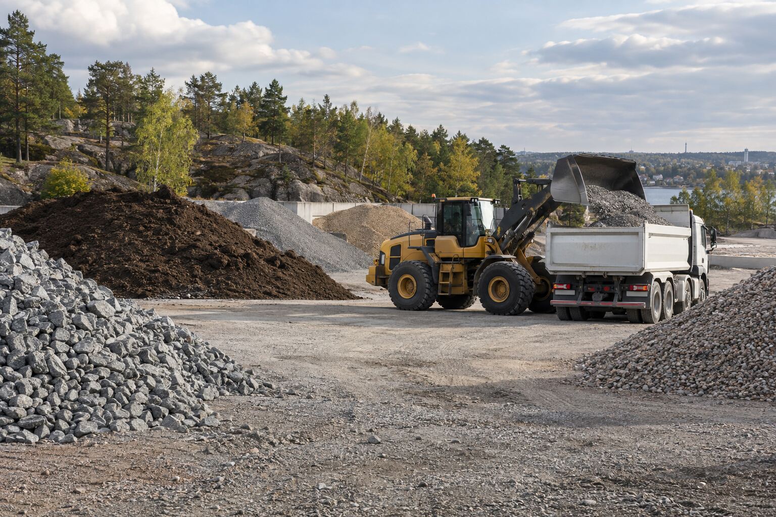 Hjullastare som lastar krossmaterial på lastbil vid materialupplag