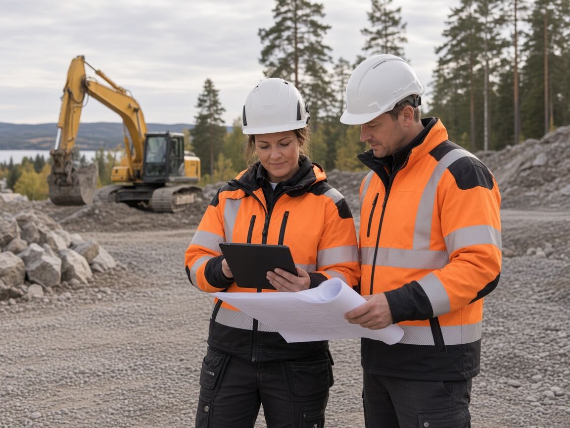 Två anläggningsarbetare som går igenom ritning och underlag på arbetsplatsen