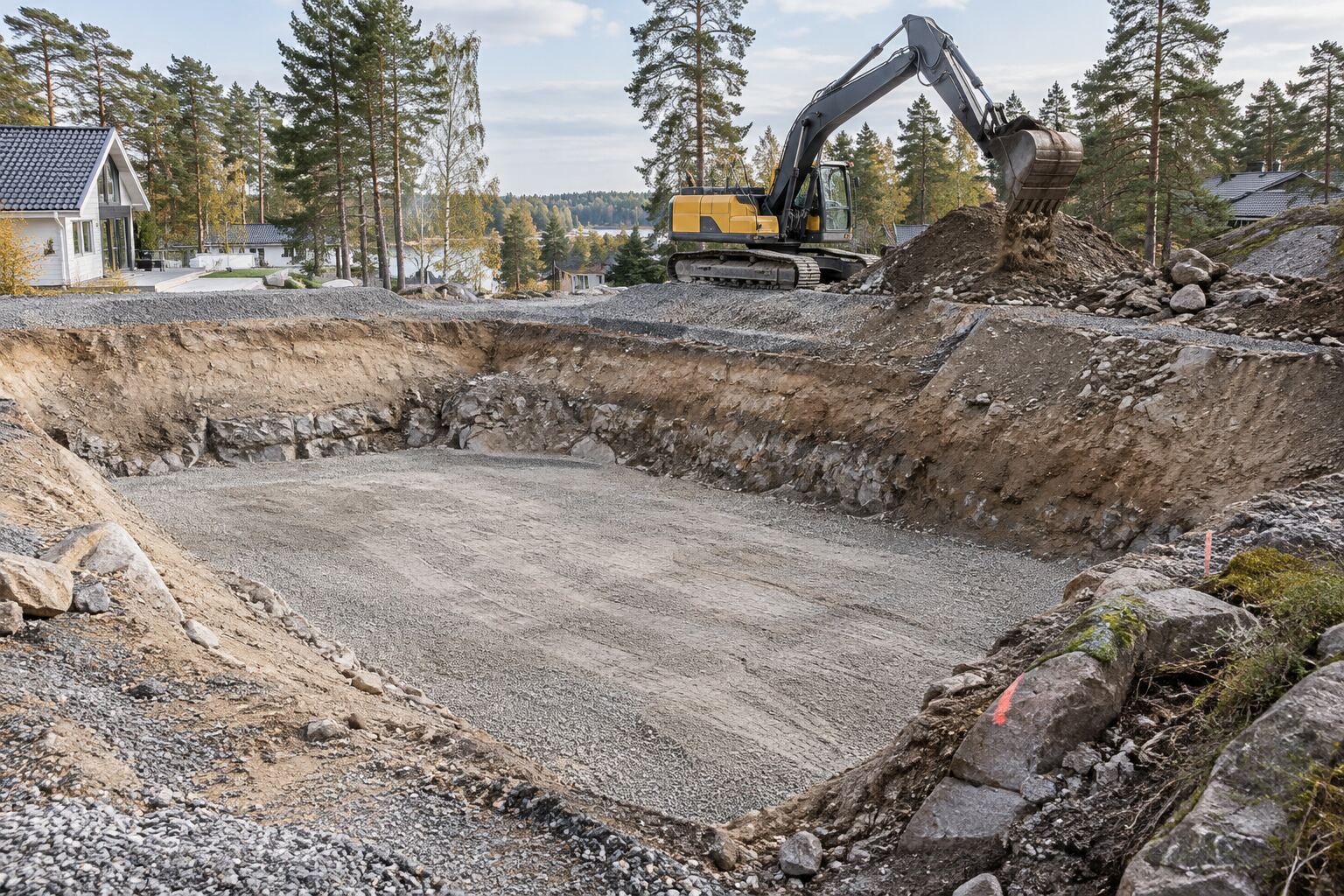 Schaktgrop för husgrund med grävmaskin på tomtkanten