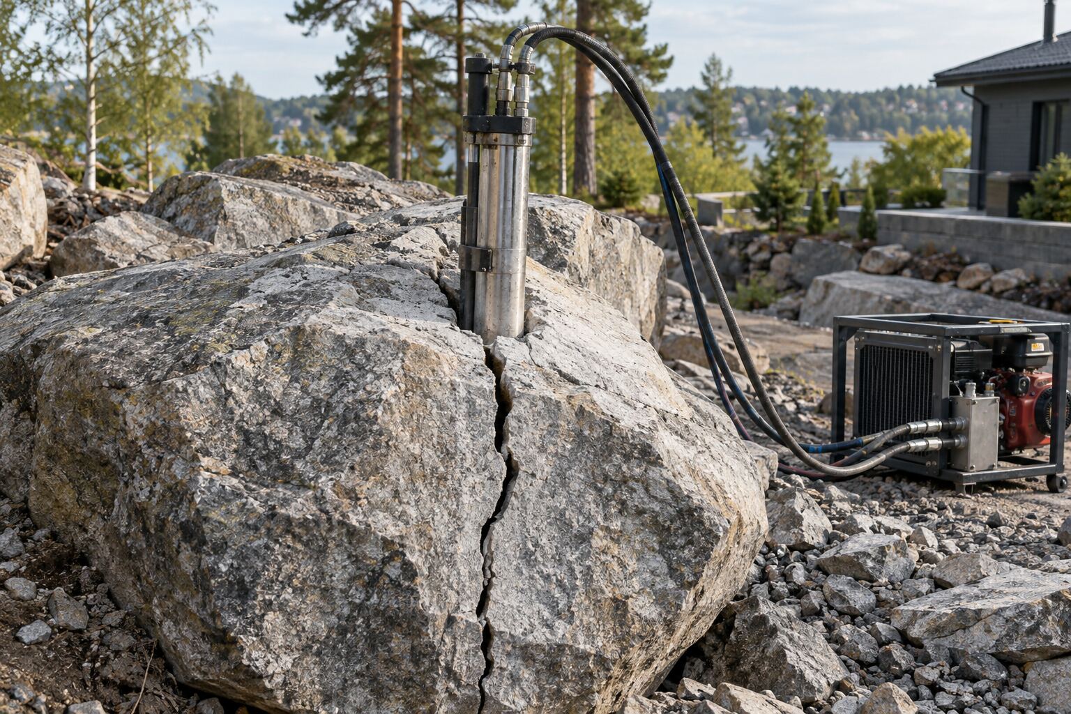 Hydraulisk spräckutrustning som delar ett stenblock på tomt